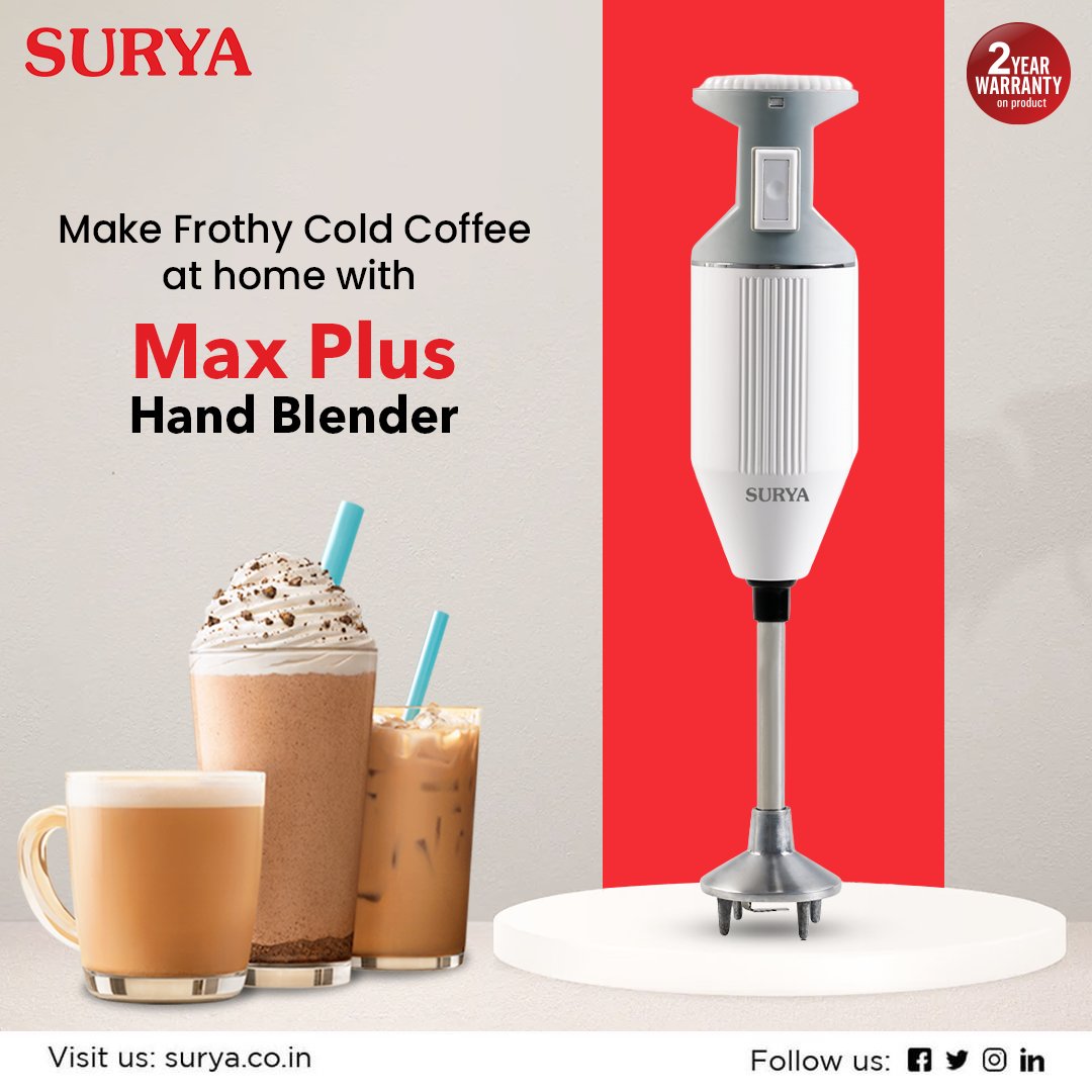 surya_roshni's tweet photo. Satisfy your cold coffee craving at home, Make frothy cold coffee easily with Surya Max Plus Hand Blender.

Visit us at - https://t.co/pH3QJn3czf  

#Surya #SuryaAppliances #HandBlender #HandBlendingMachine #MaxPlusHandBlender #HandMixer #KitchenEssentials #KitchenAppliances https://t.co/fhTJ3Elhfd