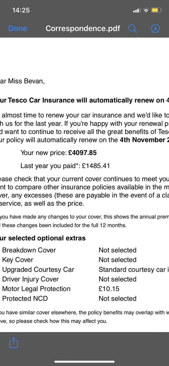 bevstarrrr_'s tweet photo. @tescobankhelp is this for real? £2600 increase with no claims, no accidents, no changes? That’s more than I pay in rent on a 2 bedroom house! https://t.co/KT4WCDuD6M
