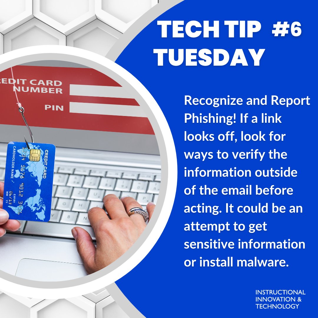 GSUTechnology's tweet photo. Happy Tech Tip Tuesday, Panthers! Keep yourself safe from cyber-attacks by recognizing phishing tactics used to steal your information. 👀

#TechTheStateWay #TechTipTuesday #StayCyberSafe https://t.co/GAEG3xNNJo