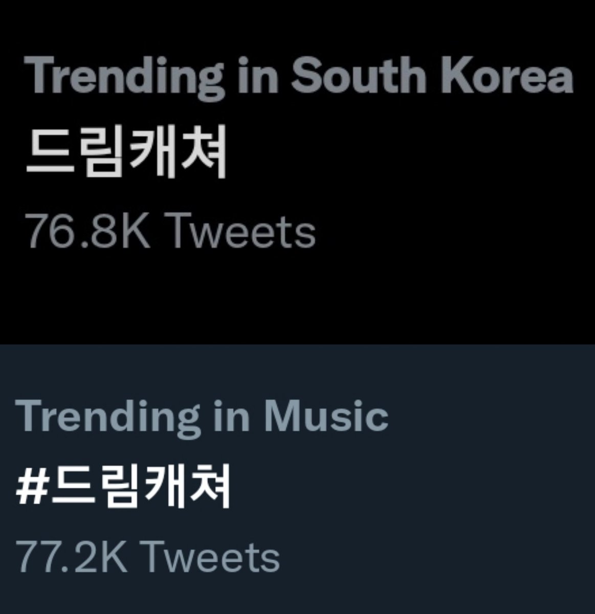 Twitter Trends | Under the topic of Music &amp; South Korea!

#드림캐쳐 🆕️

DREAMCATCHER VISION
#Apocalypse_returns
#Follow_The_Vision
#드림캐쳐 #Dreamcatcher 
<a href="/hf_dreamcatcher/">드림캐쳐 Dreamcatcher</a>