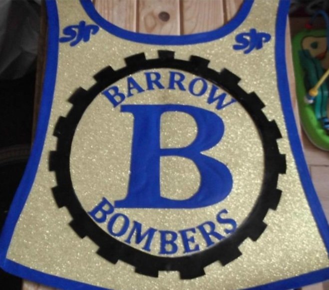 BarrowMemories's tweet photo. The last ever Barrow race jacket to see competitive action in 2013 Gold background with the BOMBERS  B  to celebrate those golden days in the frame of the Furness Flyers tyre. 
@retrospeedway @Stephen78857051 @NWEMlive @CumbriaCrack @38wcr https://t.co/l1otDHu1X5