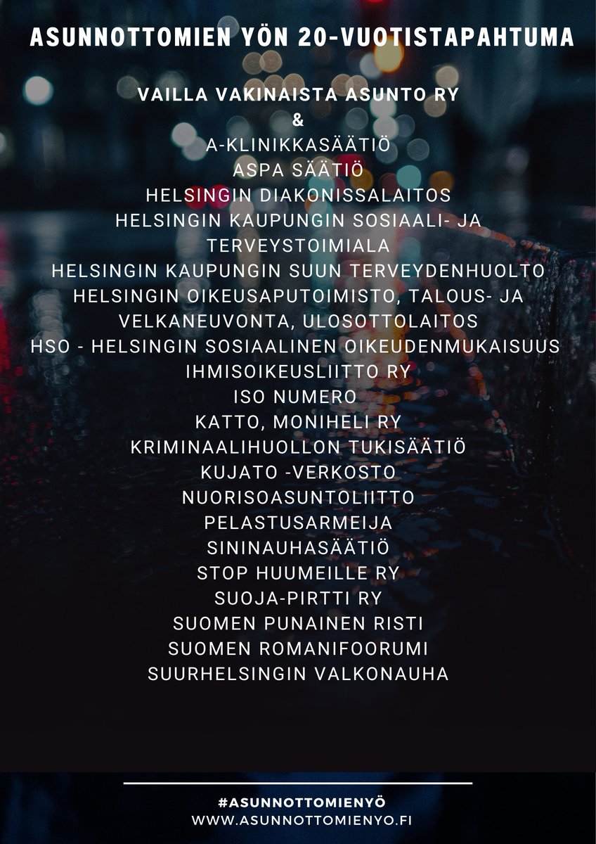KUTSU KAIKILLE: Asunnottomien yö 17.10.

Tule moikkaamaan meitä Kansalaistorille klo 16-22. @sininauhasaatio n teltalla ollaan 🖖! 
#asunnottomienyö #tulevaisuusilmanasunnottomuutta
Tapahtuman on koordinoinut kasaan @VVA_yhdistys