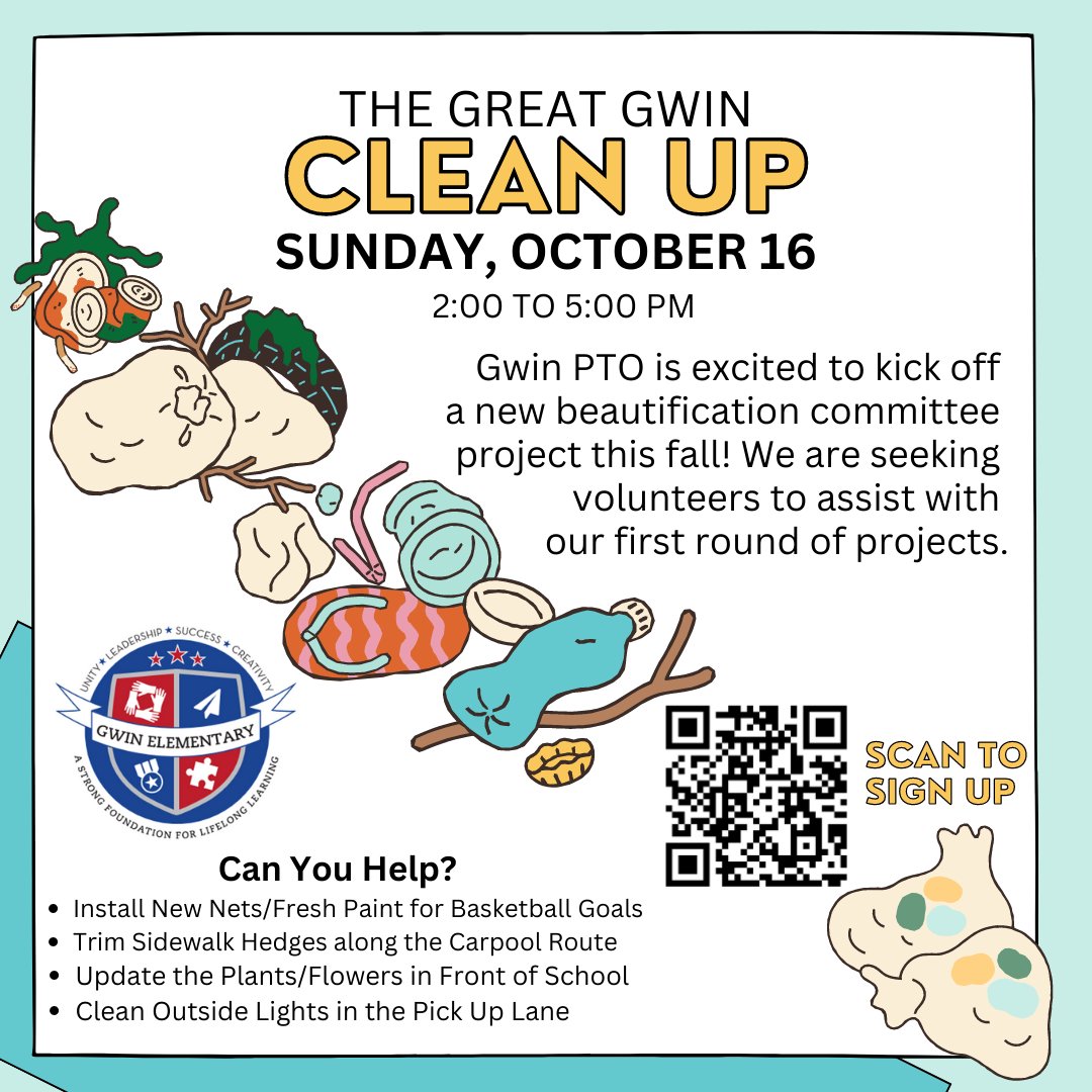 Please join us for a day of beautification! This is a GREAT opportunity for parents who are unable to give of their time during school hours! The projects are small, but the impact is BIG. Sign up at signupgenius.com/go/10c0f4faba7… <a href="/gwinelementary/">Gwin Elementary</a>