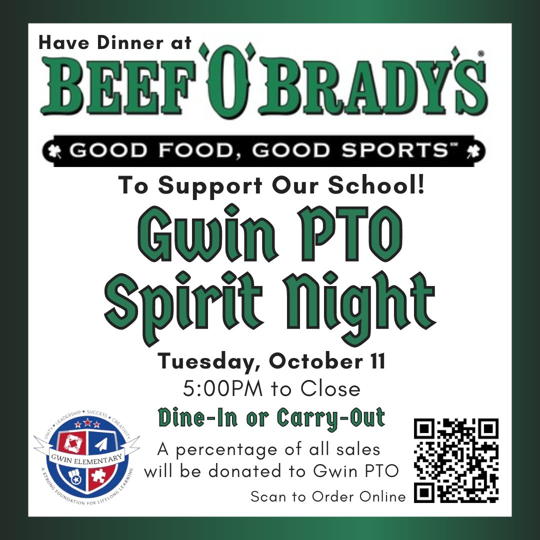 Spirit Night is TONIGHT!! We hope to see you there <a href="/HooverBeefs/">Beef's at the Grove</a> <a href="/gwinelementary/">Gwin Elementary</a>