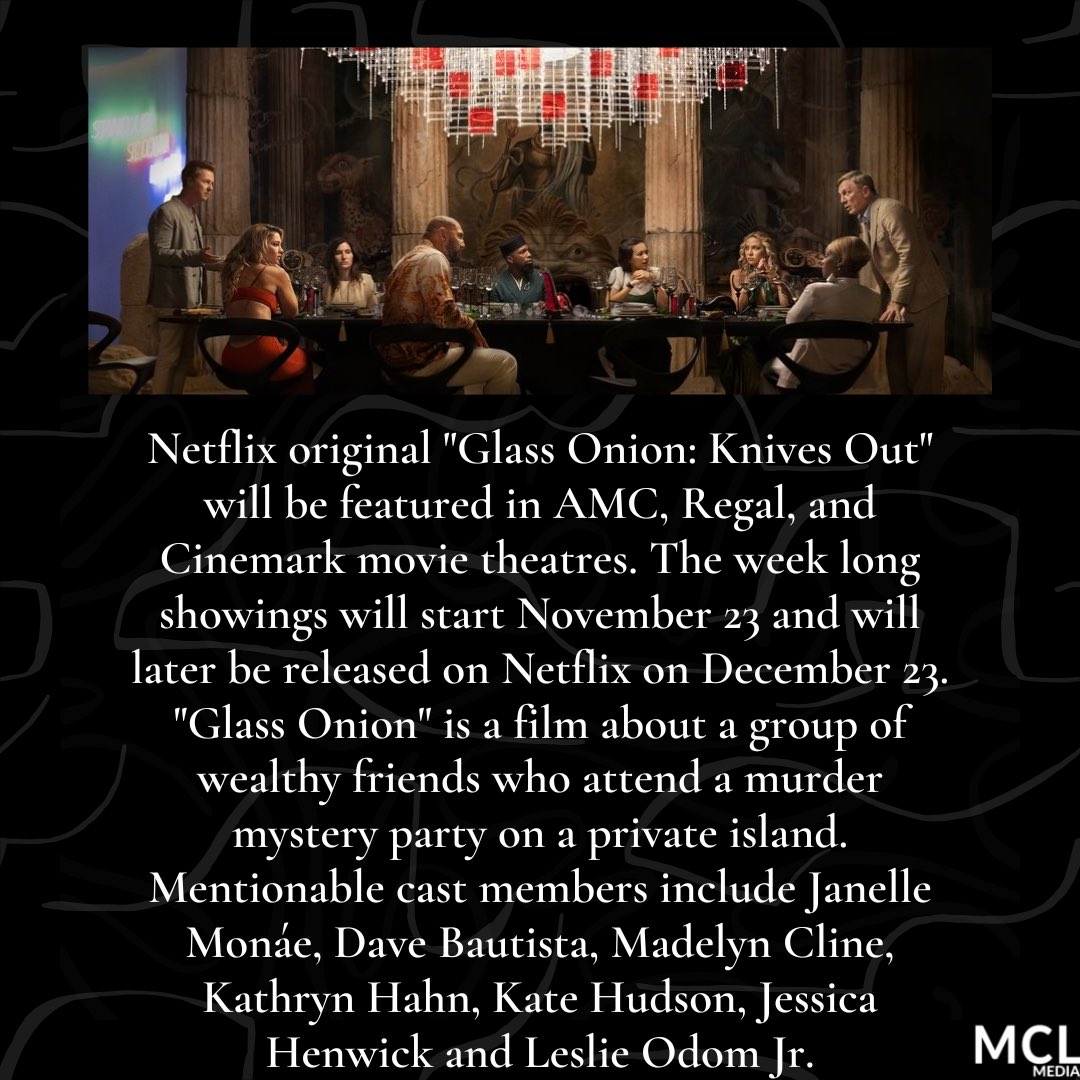 MCLMedia's tweet image. #TopicTuesday Netlfix's sequel of Knives Out will be the first Netflix original film to be aired on the big screen. 

#mclmediaonline #mclmedia #tuesday #tuesdayvibes #netflix #explore #theatre #miami #atlanta #love #knivesout #like #interact #tuesdaymorning #tuesdays #instagood