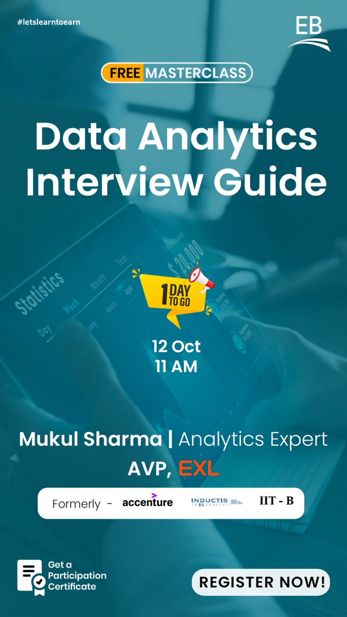 EduBridgelearn's tweet image. Only 1 day to go...

Free Masterclass Alert

Topic: How to Ace a Data Analytics Interview

12th October, 11 am 

Speaker: Mukul Sharma, AVP at @exl_service 

Register Now @ bit.ly/3RGsTPq

#dataanalytics #datanalyticscourse #dataanalyticsjobinterview #careerpecharcha
