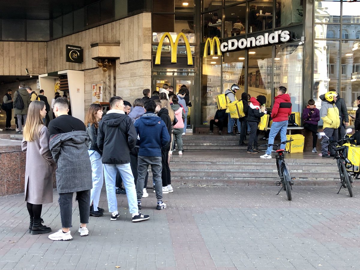 nolanwpeterson's tweet photo. McDonald’s in central Kyiv right now. Open for business and packed.

One day after Russia fired barrages of missiles at the city center…Ukrainians are carrying on. https://t.co/6s5tTD7Kxw