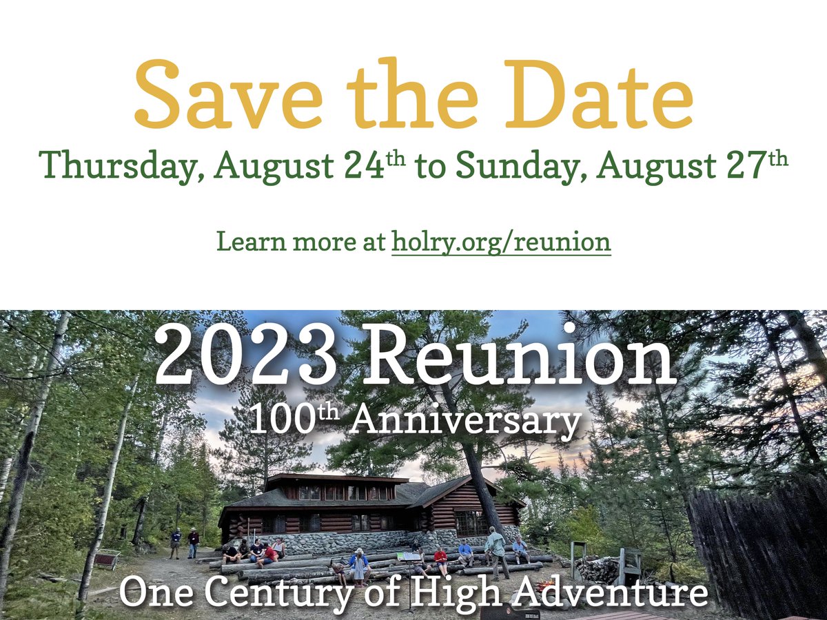 Charles L. Sommers Alumni Association, Inc. (@holry) on Twitter photo Join us next year for a reunion at <a href="/Northern_Tier/">Northern Tier</a>’s Charles L. Sommers Wilderness Canoe Base. We will celebrate the 100th anniversary of the @BoyScouts’s oldest National High Adventure program!
Visit holry.org/reunion
#100yearsofhighadventure #myntier #open4adventure Join us next year for a reunion at <a href="/Northern_Tier/">Northern Tier</a>’s Charles L. Sommers Wilderness Canoe Base. We will celebrate the 100th anniversary of the @BoyScouts’s oldest National High Adventure program!
Visit holry.org/reunion
#100yearsofhighadventure #myntier #open4adventure
