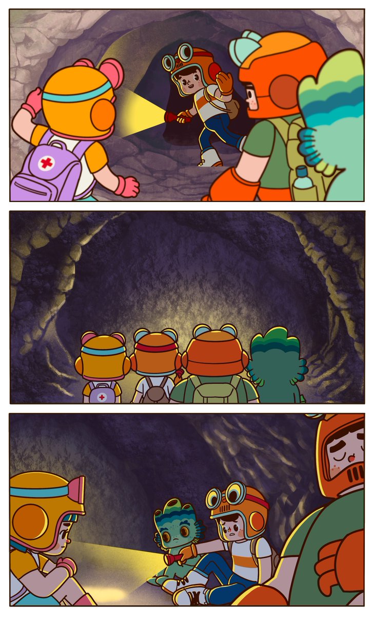 So the four gathered up their courage and followed the orange orb into the cave. But much to everyone's dismay, the orb disappeared and they reached a dead end. Sad and disappointed, the four decided to take a rest for the night inside the cave. What should they do next? 🧐