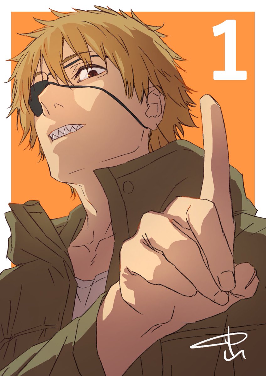 denji (chainsaw man) 1boy sharp teeth eyepatch teeth solo blonde hair short hair  illustration images