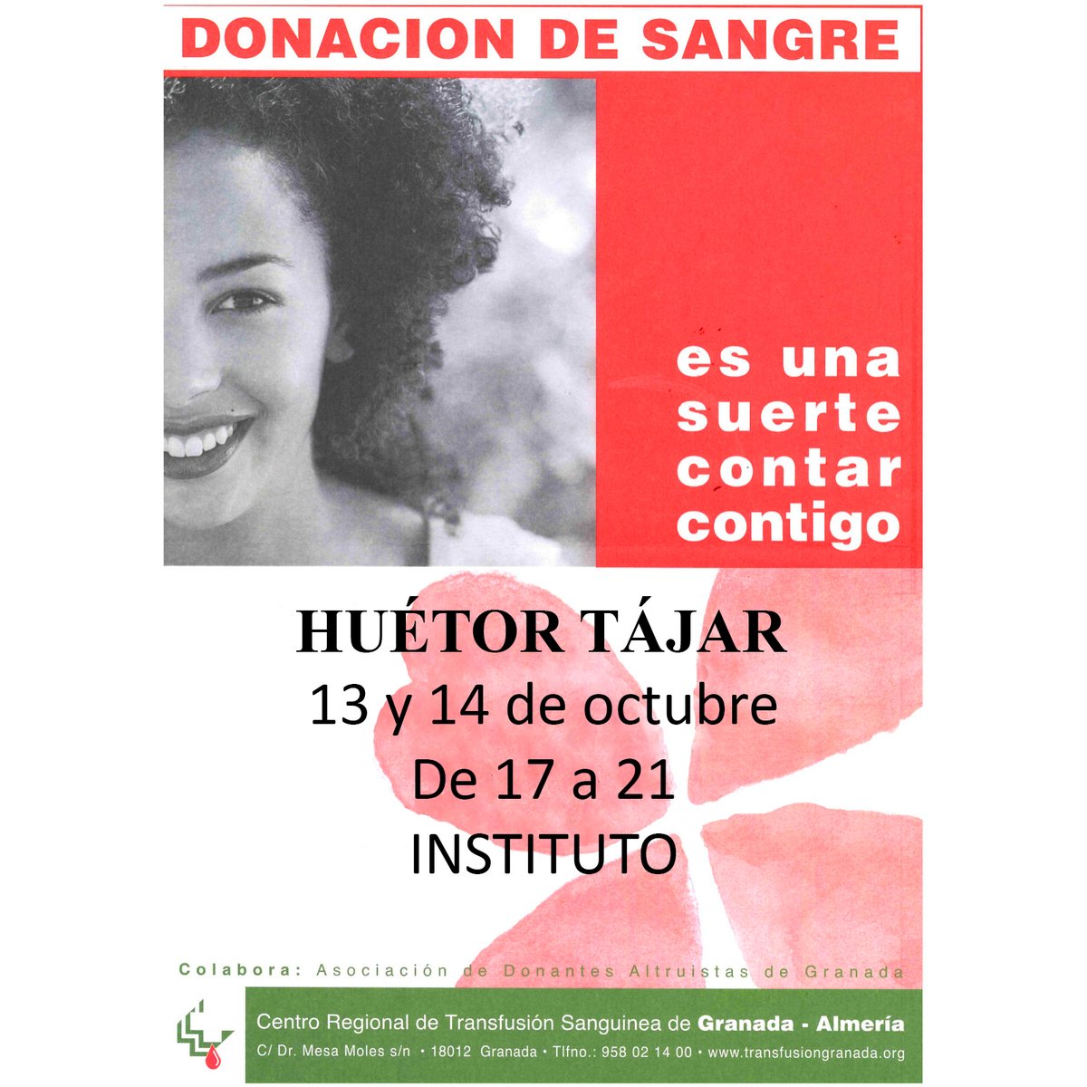 Jueves 13 y viernes 14/10, jornadas de donación de sangre: de 5 a 9 de la tarde en el <a href="/IesAmerico/">IES Américo Castro</a> Castro, para donar sangre o plasma.
La donación altruista es imprescindible para nuestros hospitales. Dona sangre. Dona vida.