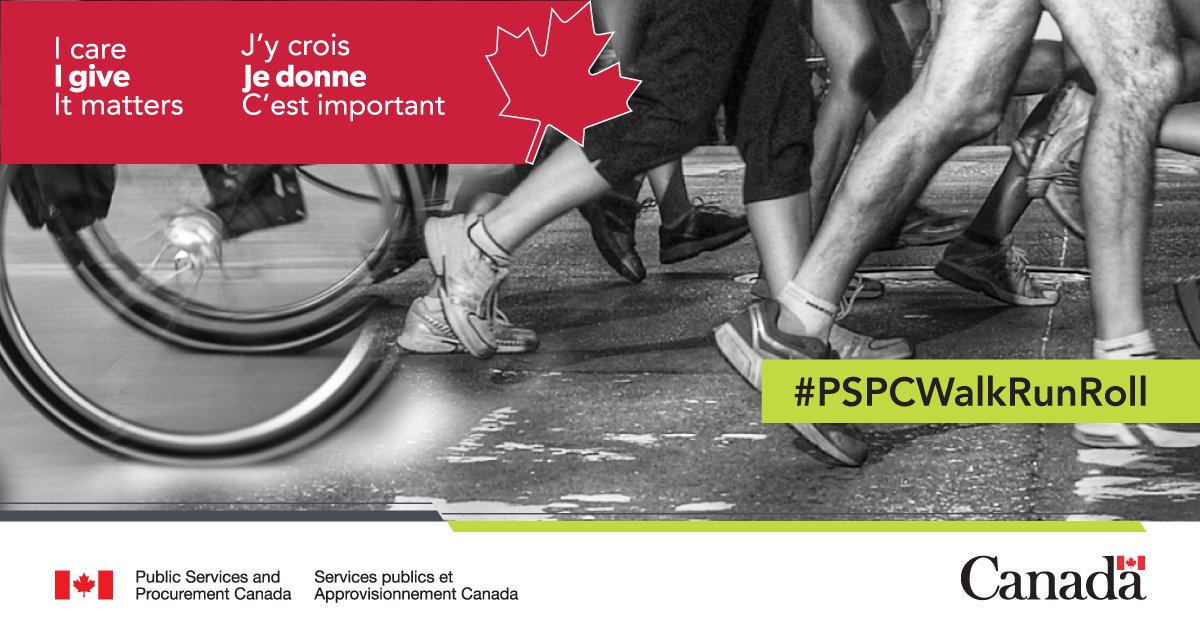 DM_PSPC's tweet photo. .@PSPC_SPAC colleagues: tomorrow, join your peers for the Employees’ Charitable Campaign Walk Run Roll challenge. Whether you’re walking, running or rolling, take a picture, use #PSPCWalkRunRoll and post it on social media. Register now: https://t.co/rdhj5PlgGa #GCWCC https://t.co/k3BE2lBChY
