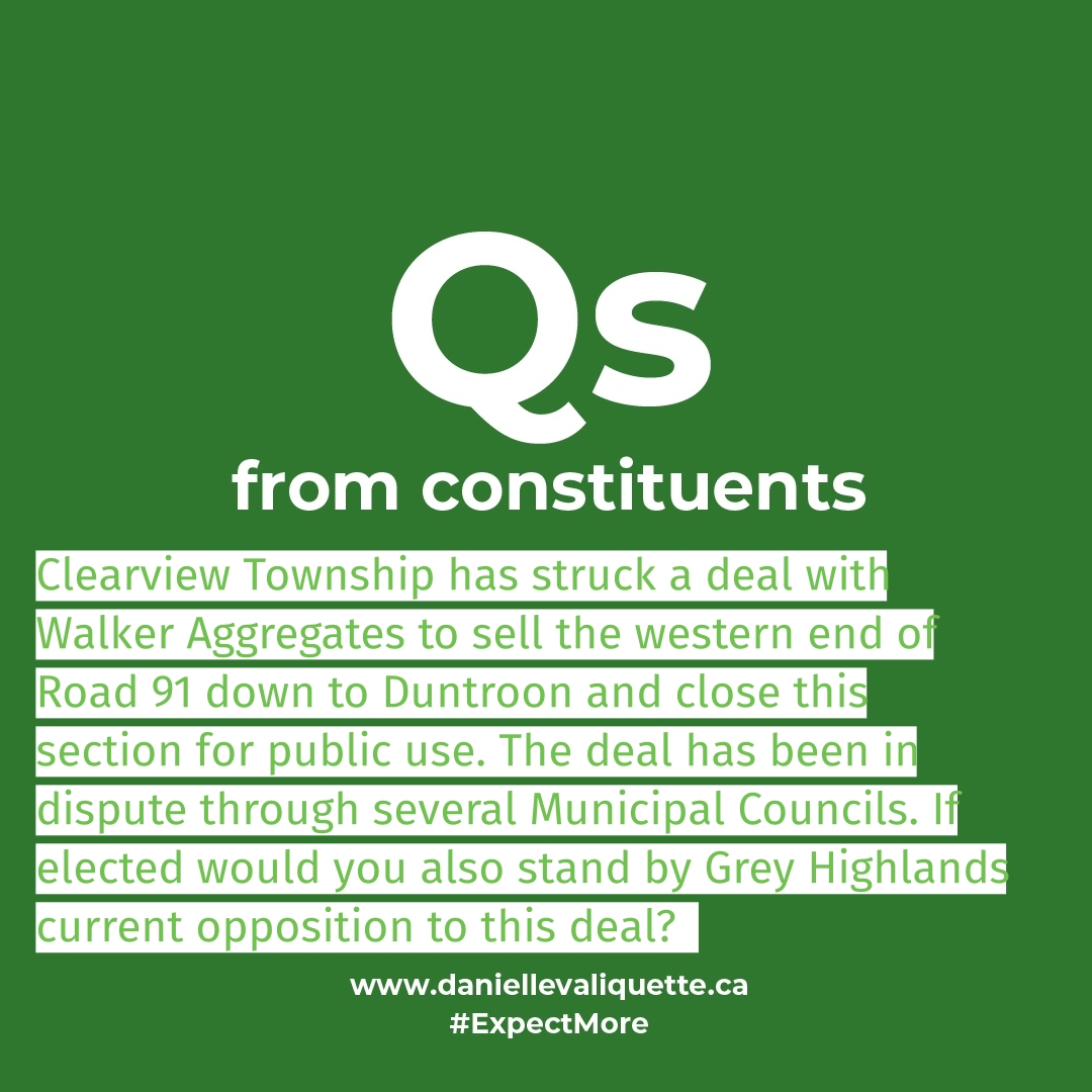 A Question about Simcoe Road 91

Clearview struck a deal with Walker Aggregates to sell part of Road 91and close this section for public use. If elected would you also stand by Grey Highlands current opposition to this deal?  

Answer @ tinyurl.com/ynyemm49

🚛