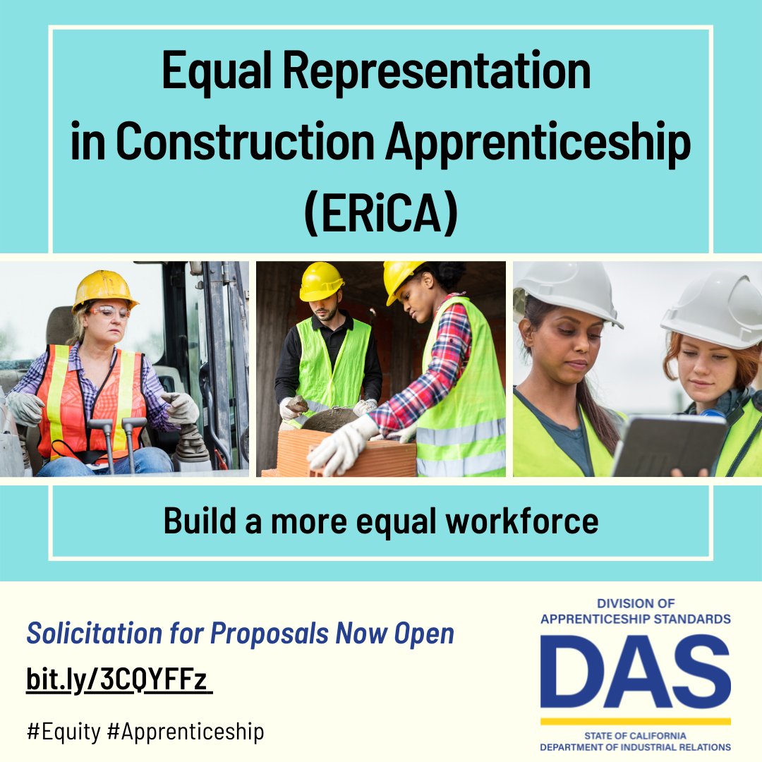 CA_DIR's tweet photo. DIR is announcing up to $25 million in funds for the Equal Representation in Construction #Apprenticeship (ERiCA) Grant to create opportunities for women, nonbinary &amp; other underserved populations in building/construction trades. https://t.co/AuJCPdj1iQ #equity https://t.co/6dpxhUGPS6