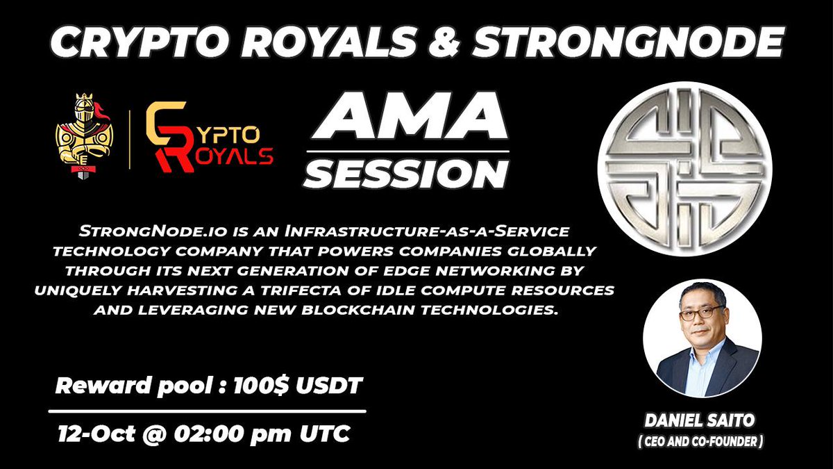 CryptoRoyals's tweet photo. Crypto Royals AMA Session with StrongNode.

Prize: 100$ USDT
Date: October 12th,2022
Time: 2:00 PM UTC 
Venue: https://t.co/qZRXuAN9n7…

Rules:
Follow @StrongNodeEdge and @CryptoRoyals

Like,Retweet and comment your questions (Tag 3 friends) 
Ask maximum 2 questions https://t.co/tu5oUsFPAI