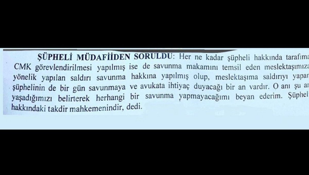 1hukuklu's tweet photo. Mersin'de bir işyerinin tahliyesi için icraya giden avukatı yaralayıp gözaltına alınan şahıs için CMK'den görevli giden avukatın beyanı: "Meslektaşıma saldırıyı yapan şüphelinin de bir gün savunmaya ve avukata ihtiyaç duyacağı bir an vardır ve o an şu andır. Savunma yapmayacağım" https://t.co/C6FBmhULhN