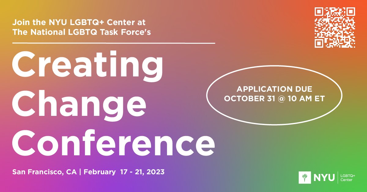 The LGBTQ+ Center will select 4 undergraduate & 4 graduate students to invite to the Creating Change Conference, an annual conference focused on securing full equality, social justice and dignity for LGBTQ+ people in the United States. Apps are open! 🔗: docs.google.com/forms/d/e/1FAI…