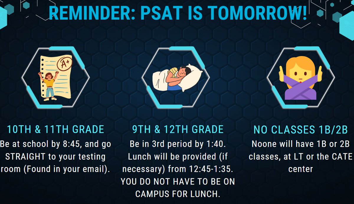 Blazer Counseling (@blzr_counselors) on Twitter photo Remember tomorrow is PSAT day here for all 10th & 11th grade students <a href="/LebanonTrailHS/">Lebanon Trail</a>! Information regarding PSAT can be found in the community newsletter from Dr. Duce. Bus schedules for late arriving 9th and 12th graders can be found here: drive.google.com/file/d/10jTQvP… Remember tomorrow is PSAT day here for all 10th & 11th grade students <a href="/LebanonTrailHS/">Lebanon Trail</a>! Information regarding PSAT can be found in the community newsletter from Dr. Duce. Bus schedules for late arriving 9th and 12th graders can be found here: drive.google.com/file/d/10jTQvP…
