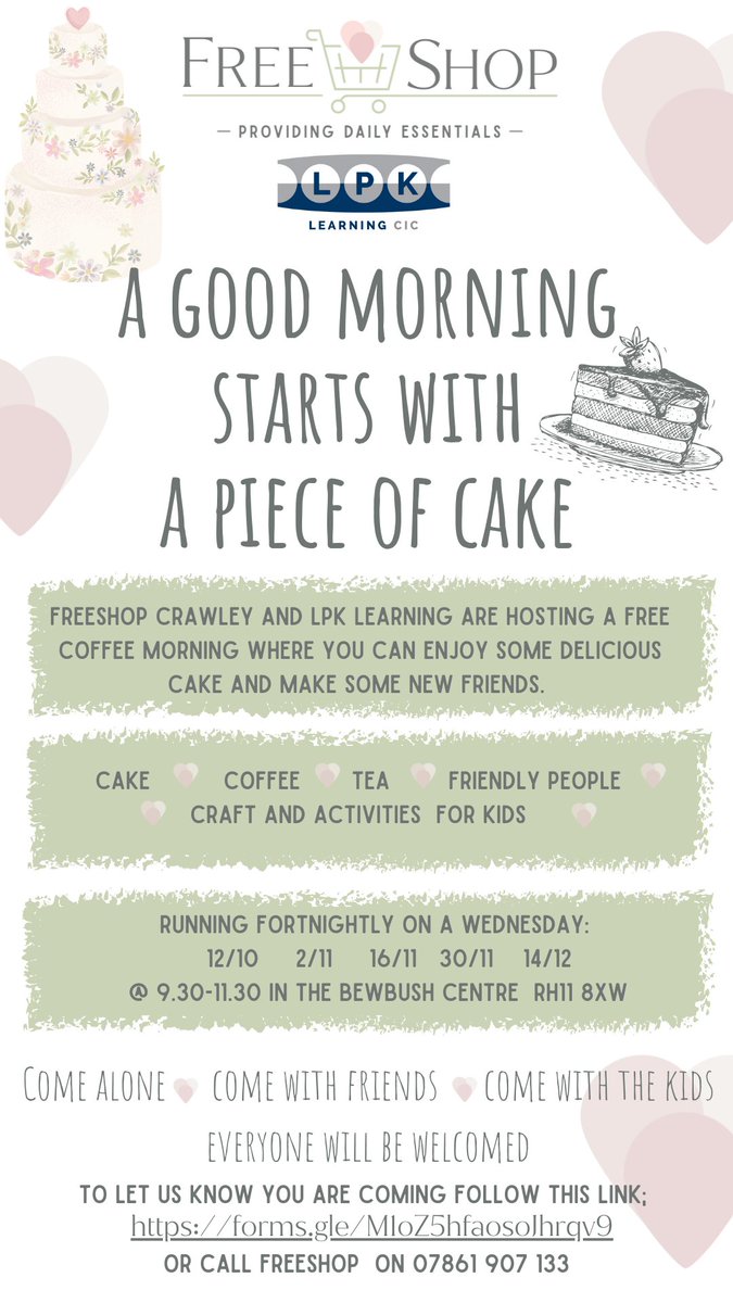 Really looking forward to our next event with <a href="/CrawleyFree/">Free Shop Crawley</a> Shop tomorrow. The coffee morning is open to everyone. Do pop along if you are free. Please let us know you are coming by clicking here forms.gle/Lz7NtENueL4w9u… so that we can make sure we have enough refreshments. Thanks