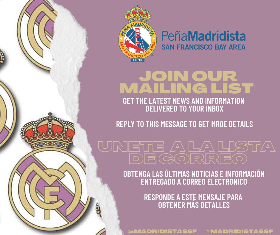 madridistasSF's tweet photo. 🇺🇸 Join our Mailing list to get the latest news and information about the Peña. Reply to this message for more information 
**********
🇪🇸 Únase a nuestra lista de correo para obtener las últimas noticias e información sobre la Peña.  Responde a este mensaje para más información https://t.co/OCXmGxf15v