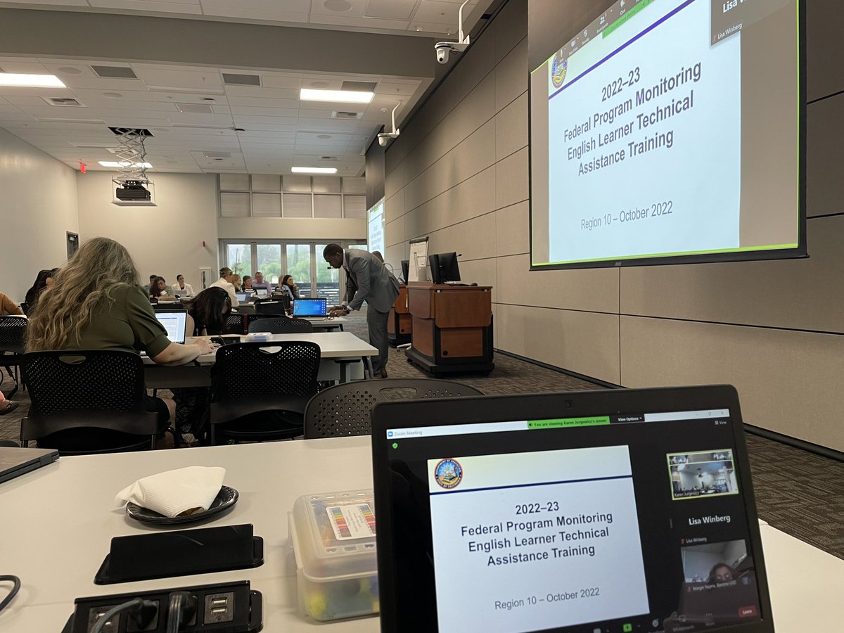 MBazanos's tweet photo. @CADeptEd Technical Assistance and Monitoring Office presenters GQ Dlamini and Beth Anselmi share practices for designing/improving programs to support English Learners.  RivCo and SBCo Ed leaders engaged in sharing/discussing strategies 4 ELs! @RCOE @SBCSS_MultiEd @Advocate4ELs https://t.co/0VnW30PRpm