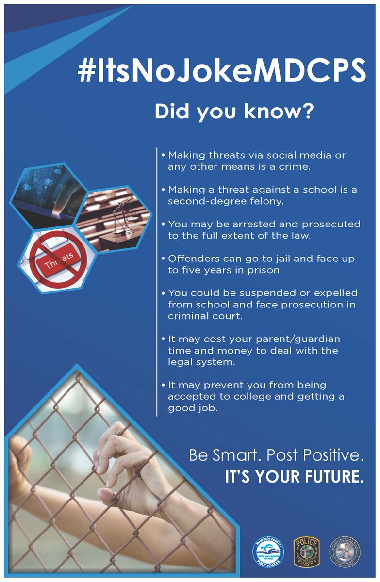 Today, <a href="/MDCPS/">Miami-Dade Schools</a> received hoax threats. We have a ZERO-TOLERANCE policy for this type of activity. A prank threat against a school is deemed a federal crime that can lead to arrest &amp; a felony record. Parents, speak to your children about the life-long consequences. #ItsNoJokeMDCPS