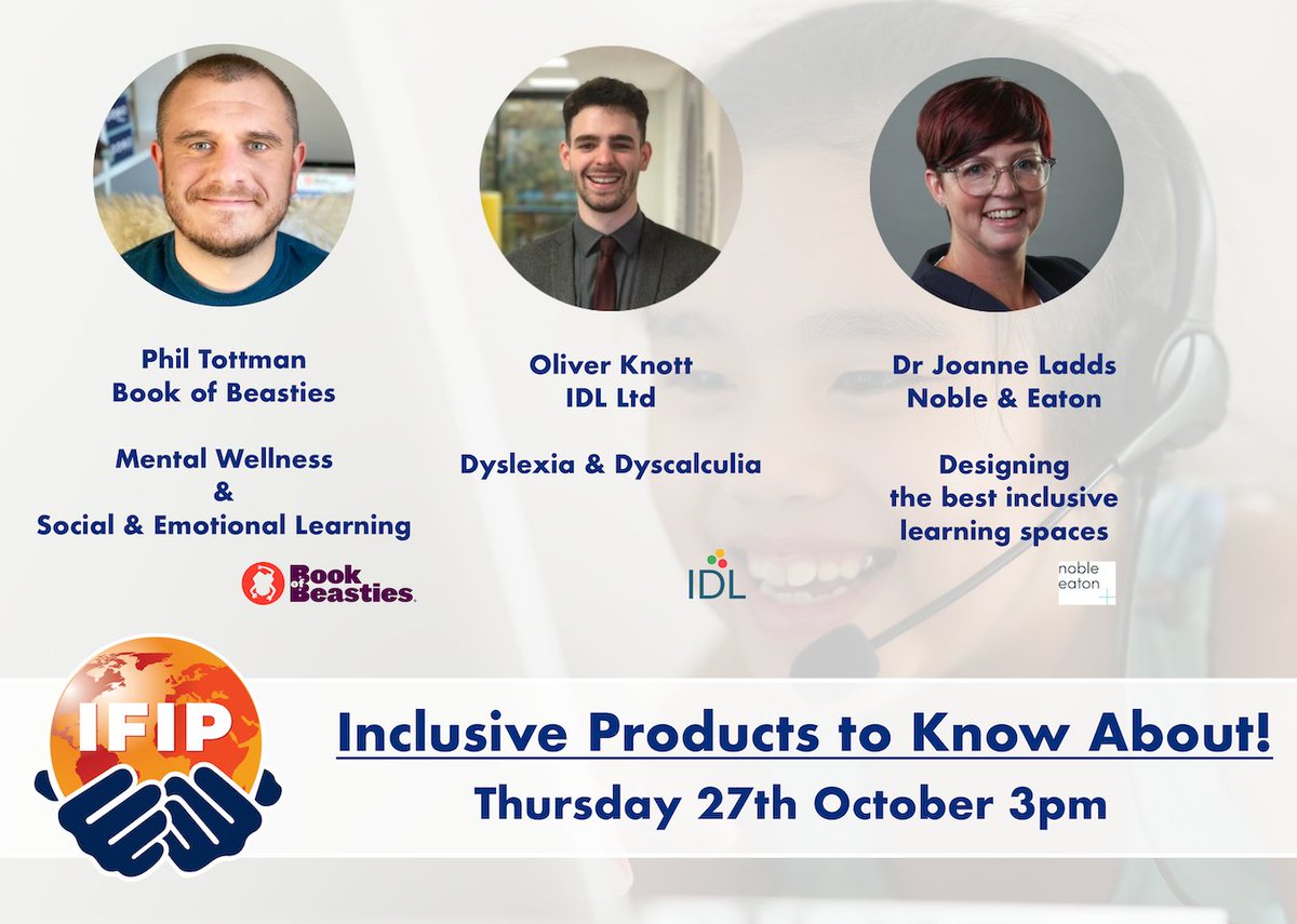 Don’t miss ‘Inclusion Products to Know About’
Register here: buff.ly/3eldYN6
Thursday 27th October 3pm

This is the first of our brand new series exploring all of the very best products to support Inclusive teaching in your school. 

Join IFIP here buff.ly/3NMkzfr