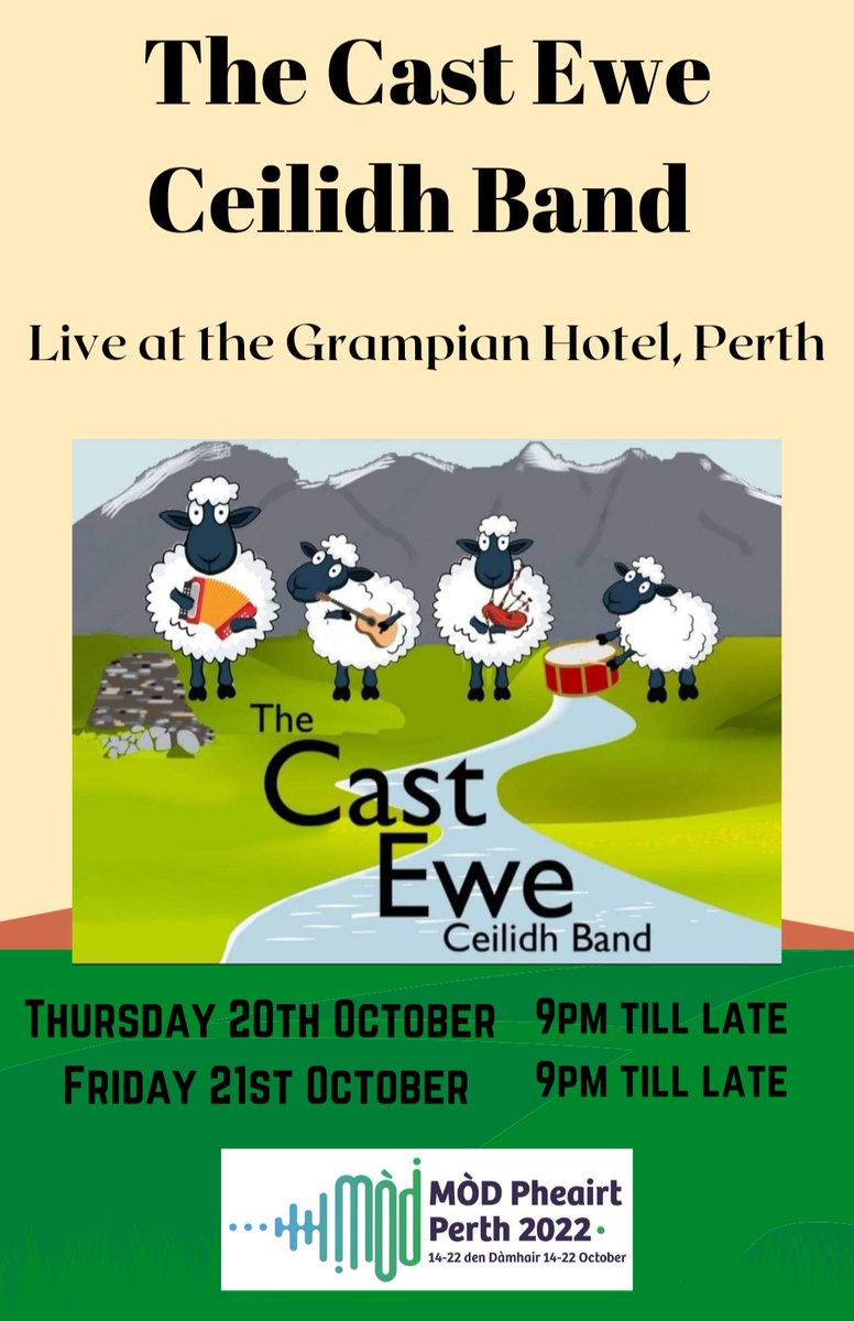 BurachChoir's tweet photo. The Cast Ewe Ceilidh Band will be playing live at the Grampian Hotel in Perth next week! 

Thursday 20th October ⏰️ 🚨 ⏰️ 
 
Friday 21st October ⏰️ 🚨 ⏰️ 

See you there! 🎶 

@NationalMod

#Mòdpheairt https://t.co/dQC7DKKGD4