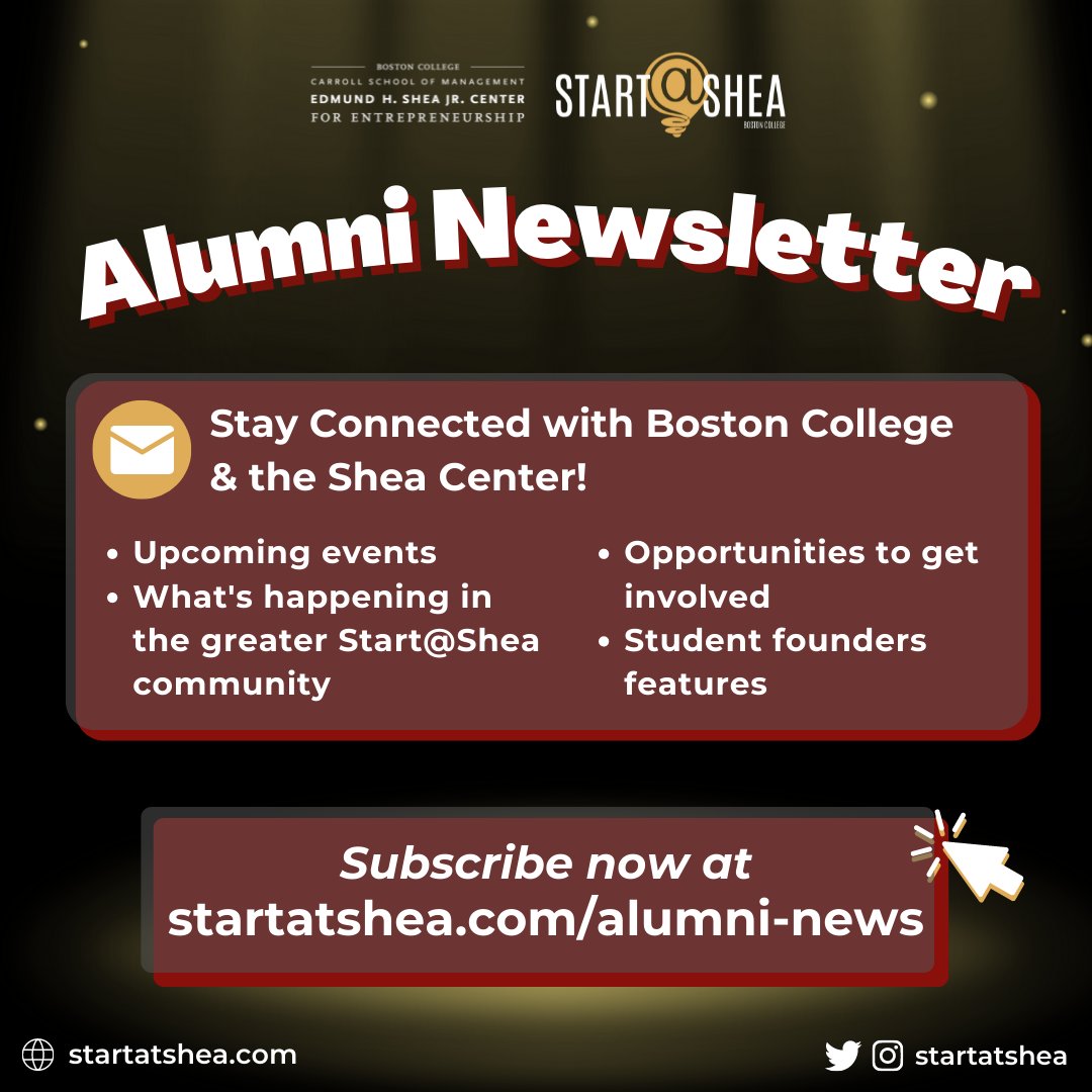 📣 Calling all BC and Shea Center Alumni 📣

Have you signed up for our newsletter made JUST FOR YOU? Subscribe now at startatshea.com/alumni-news to keep up with the Shea Center and stay connected with current students and fellow alumni through networking events!

GO EAGLES 🦅