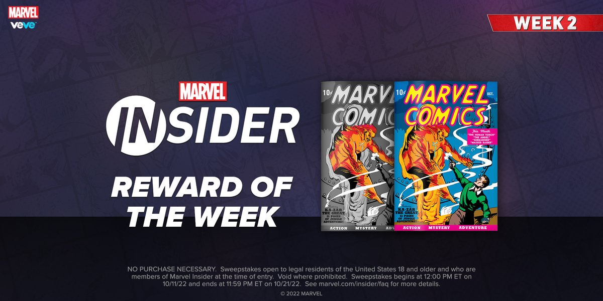 Marvel's tweet image. It’s week 2 of #MarvelInsider giveaways! Enter now for your chance to win an NFT digital comic of the one that started it all, 'Marvel Comics' #1, from @veve_official. Terms apply: bit.ly/3Ms9uRp