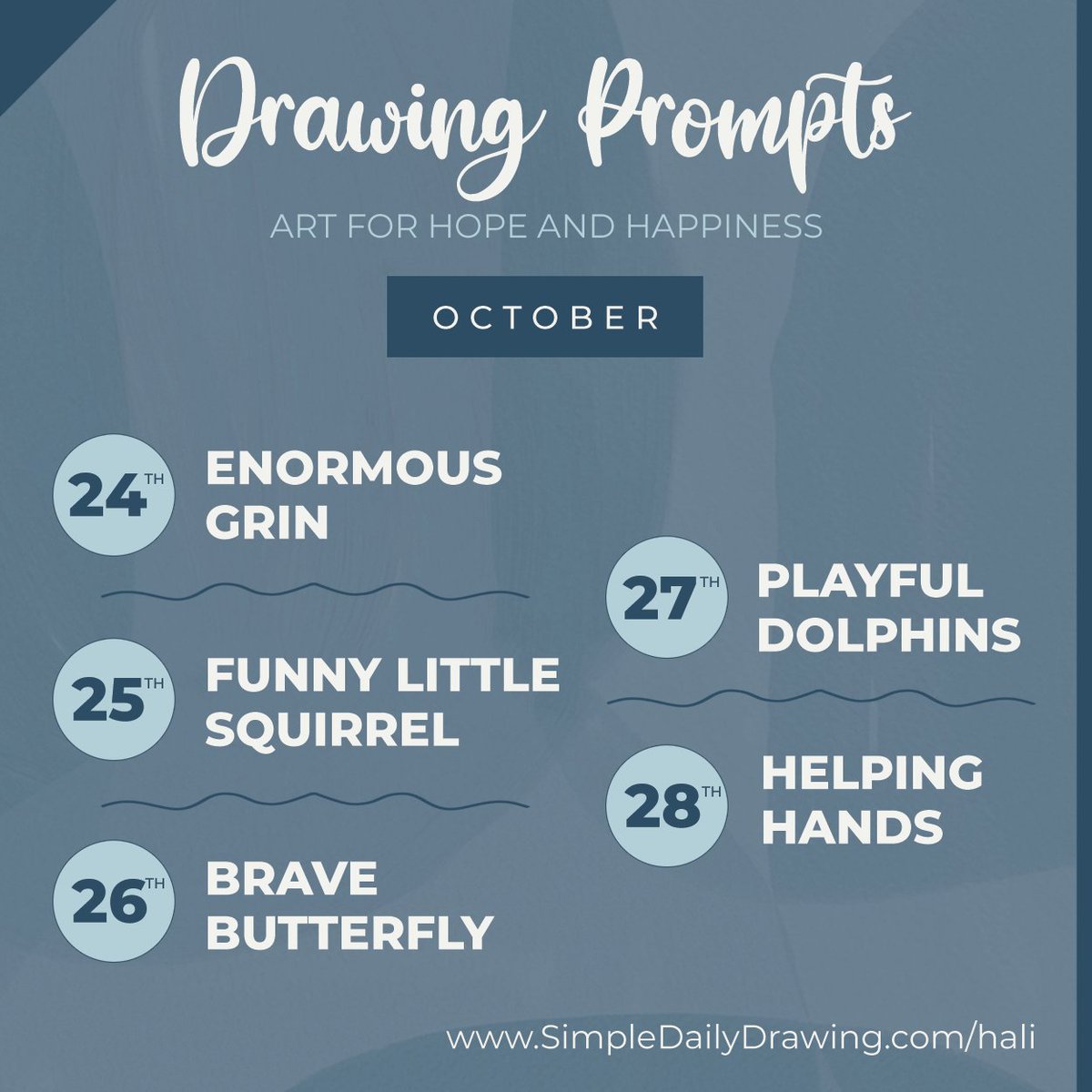 It's time to start spinning your creative wheels! The Hali/SDD drawing event starts October 24th and the prompts are revealed NOW! 🎉
Say you're going here: loom.ly/2NaOUSM
#Art4HopeAndHappiness #MentalHealthAwareness #ArtTherapy #LoveOneAnother #DoingGood