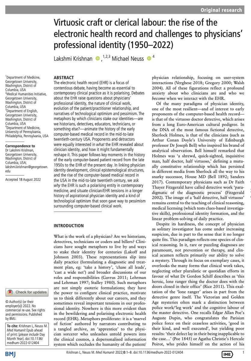 TheLakshmiK's tweet photo. “What is the work of a physician? Are we historians, detectives, technicians or coders and billers?” These are the questions that captured @Rochalimaea and my attention, and open our new paper in @MedHums_BMJ
 (A 🧵, 1/n) https://t.co/Mg3AOLqkpn