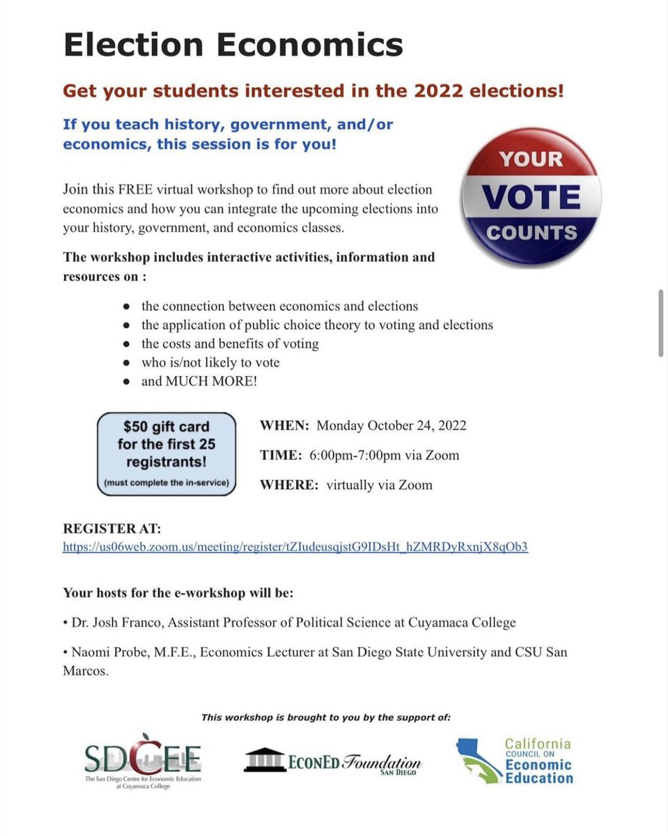 Do you teach government or economics? Are you looking for ways to get your students interested in the 2022 elections? Then this workshop is for you! You’ll get interactive activities illustrating the connection between economics and elections.
