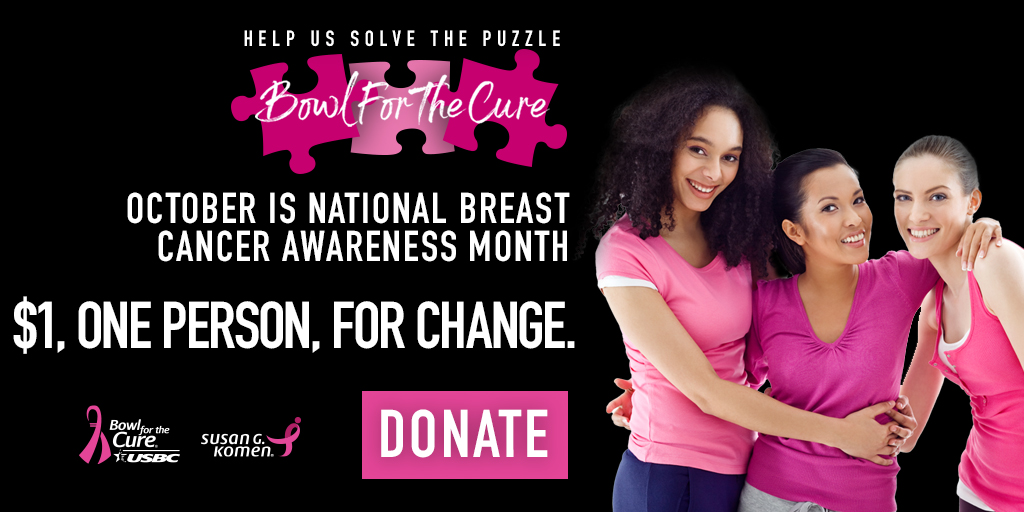 USBC's tweet photo. This #NBCAM, help us fight breast cancer 🎗️. Join the $1 challenge by asking one person to donate a dollar to the cause, then have them ask just one person. If we work as one, #TogetherWeCan save lives. Visit https://t.co/wm8T2IjgA9. 
#BFTC #BowlPink https://t.co/8KhKVlQJqV