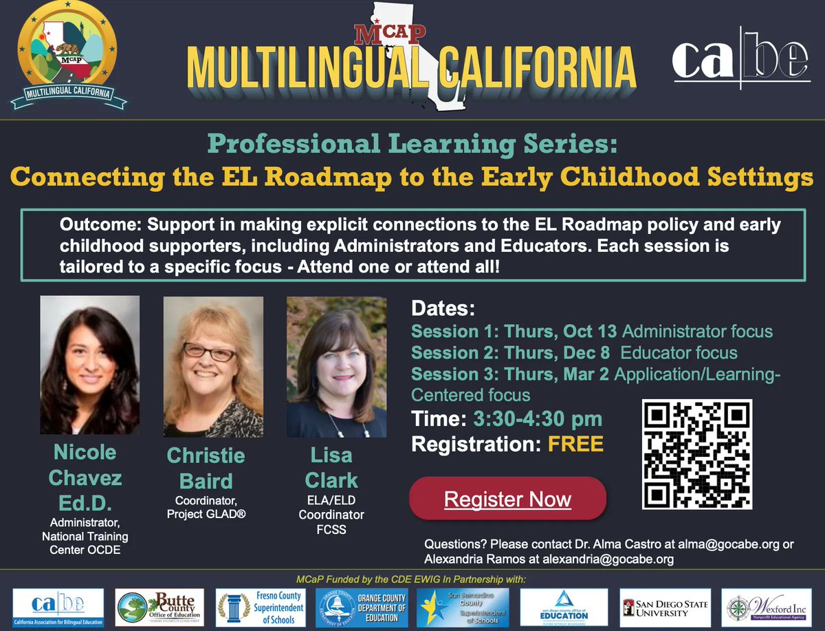 CABEBEBILINGUAL's tweet photo. CABE invites you to our FREE professional learning series with MCAP, which begins this Thursday: Connecting the EL Roadmap to the Early Childhood Settings
See below for more info!
Register here: https://t.co/aNdH5MgwEO
#mcap #cabe #freeprofessionallearning #freePL https://t.co/6DIiflQxkn