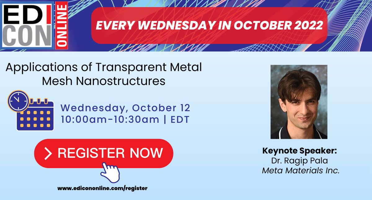 Join our Director of Metamaterials Research and Innovation, Dr. Ragip Pala, on Wednesday, October 12th to learn more about transparent metal mesh nanostructure applications. Register for the online event here: bit.ly/3fNG1VN #NANOWEB #GoBeyond 🦋