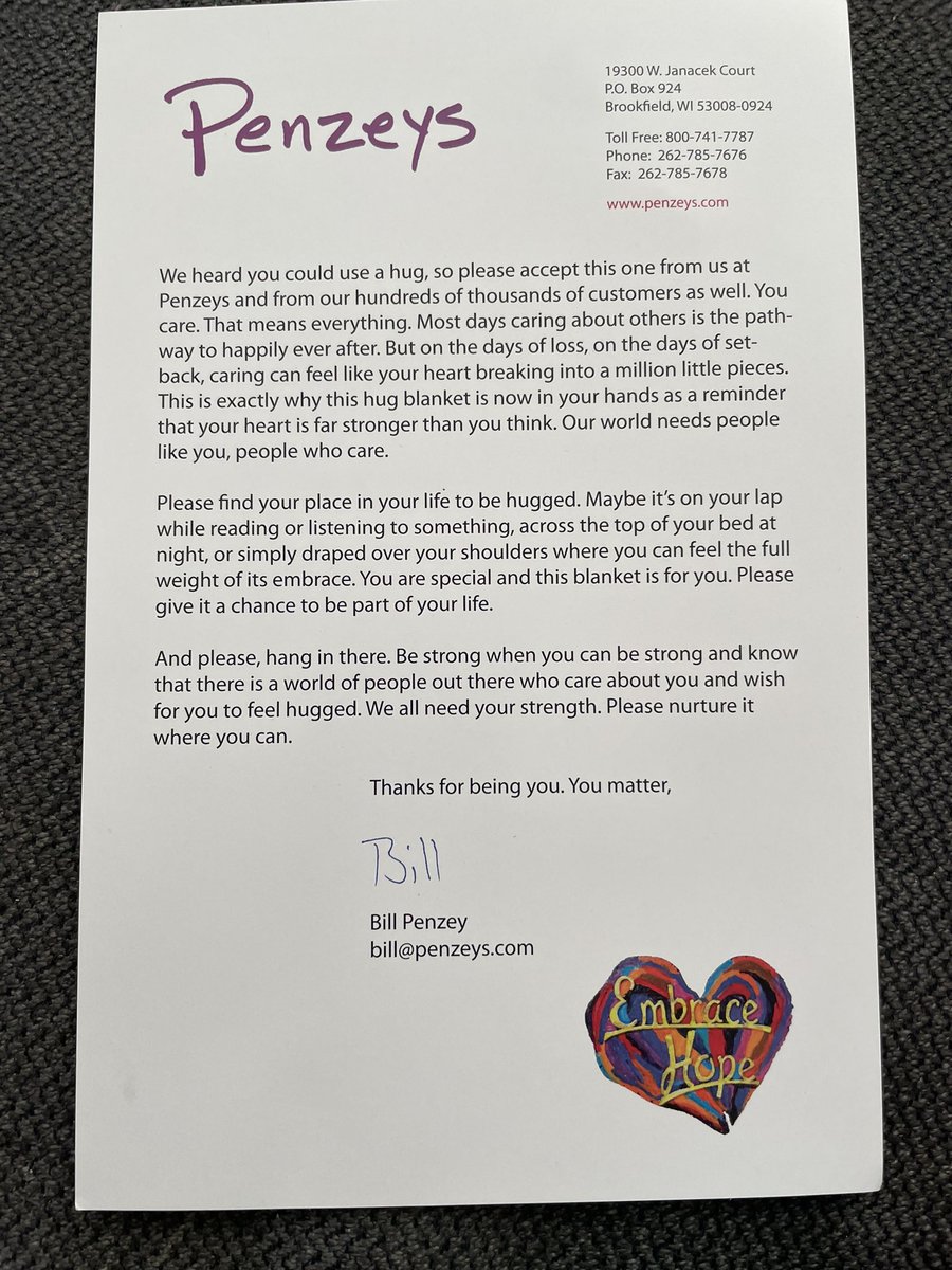 Hello friends; I just received a nice blanket with the sweetest note. It was a bit of a ??? moment but then my mom said the place she orders spices from was donating hug blankets to people who needed them. 😭<a href="/PenzeysSpices/">Penzeys Spices</a>