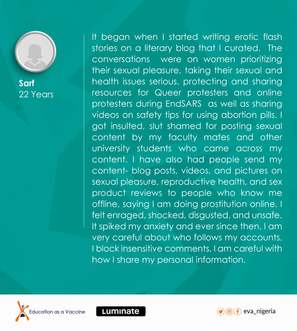 Women ane girls are often disproportionately targeted with online abuse, which means their voices are silenced.Just imagine the experiences of this Cyber victims. #DigitalRightourRights #SafetoSurf #Notoonlineharassment  @luminategroup @policyorg <a href="/ICFJ/">International Center for Journalists</a> <a href="/Mediacareerngr/">MediaCareerDevelopmentNetwork</a> <a href="/TechHerNg/">TechHerNG</a>