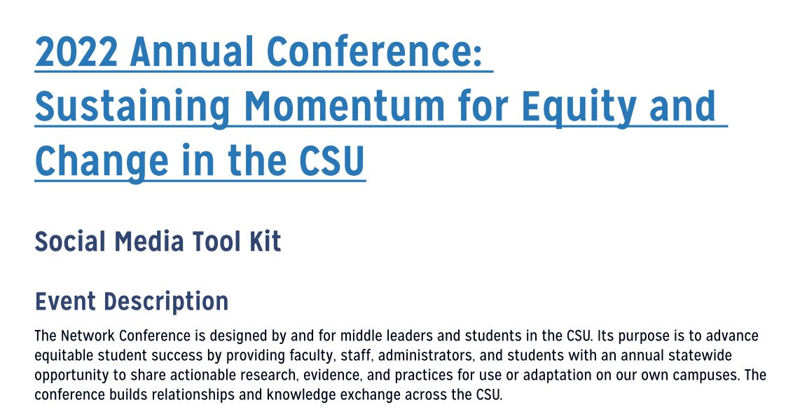 CSU_SuccessNet's tweet image. Stay in the conversation! We encourage attendees to use the #CSUStudentSuccess2022 when engaging in conversation online about the conference. View our social media kit for great ways to stay in the conversation: csustudentsuccess.net/wp-content/upl…
