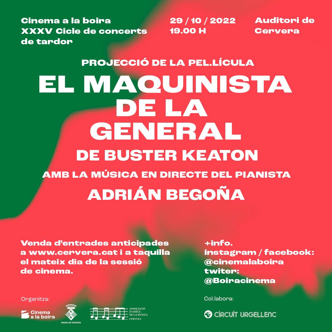 BoiraCinema's tweet photo. No deixeu passar aquest tren! 🚂 ✨🤸🏻‍♂️
Un viatge al cinema mut de Buster Keaton amb música en directe de @AdrianBegona 🎼🎹🎬
🔸29/10/2022
🔸19H
🔸Auditori de Cervera https://t.co/eHklvRq5bU