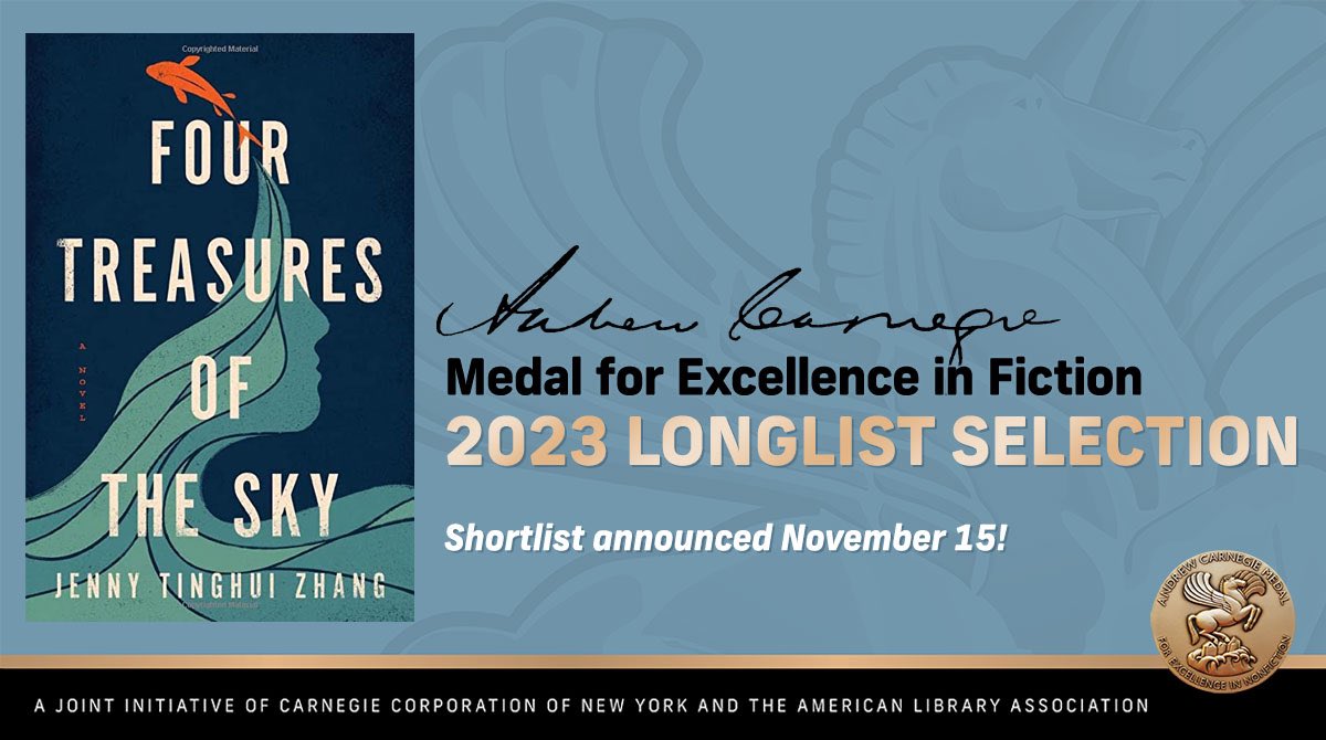 Four Treasures has been longlisted for the 2023 Andrew Carnegie Medal for Excellence in Fiction!! Thank you <a href="/ALA_Booklist/">ALA_Booklist</a> #ALA_Carnegie for this incredible honor, and with such stunning company - I’m genuinely speechless 😭 ala.org/rusa/awards/ca…