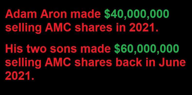 Me99172216's tweet photo. @CEOAdam If you have lost money on AMC, take solace in the fact that Mr Aron made a FORTUNE. https://t.co/eBFuCmM2YX