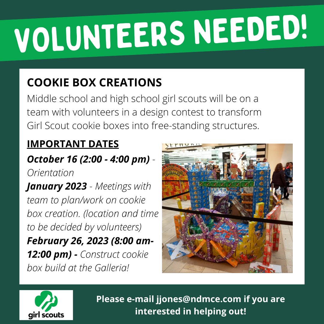 Volunteers needed for upcoming opportunity to volunteer with the Girl Scouts!
Please contact jjones@ndmce.com if you are interested in helping out!