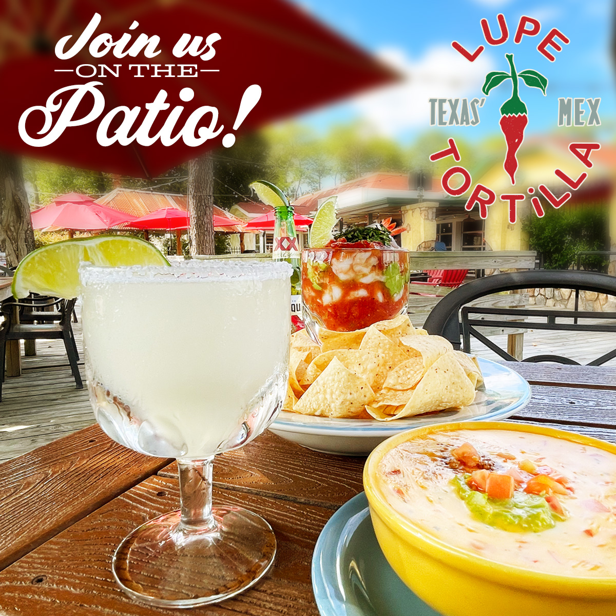 Perfect patio weather for happy hour!  Enjoy some World Famous Lime Pepper Marinated Fajitas and fresh lime margaritas today! #patio #patioweather #happyhour #texmex #lupetortilla tex-mex.com/locations/