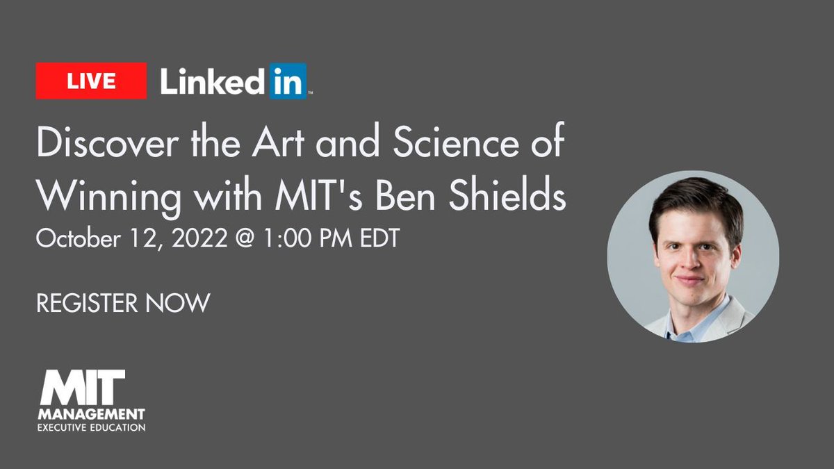 MITSloanExecEd's tweet photo. TOMORROW! Don't miss our next LinkedIn Live- Oct 12 at 1pm ET -  w/ #MITSloan prof @benryanshields as he discusses why teams win and how high-performing teams differ from their competitors https://t.co/nLk0oo9qEY https://t.co/WDZ0FT2Ntb