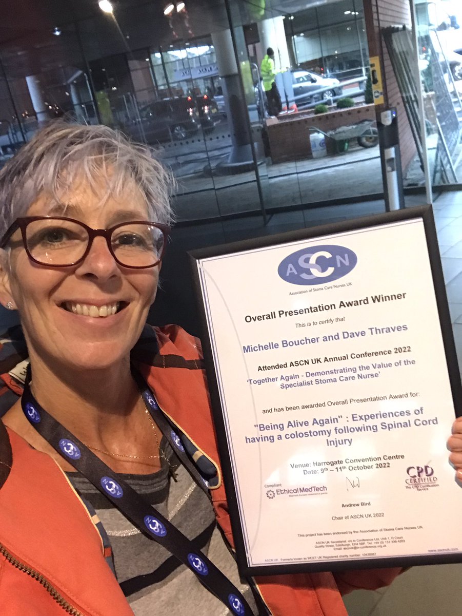 michboucher1's tweet photo. Absolutely thrilled!  Thank you so much @ASCNUK   Delighted to be spreading the message that those with SCI should be given information on body management options which can transform their lives @BU_Research @Leslie_Gelling @maidofyorkshire @SalisburyNHS @spinalinjuries https://t.co/fabCG9vu6D
