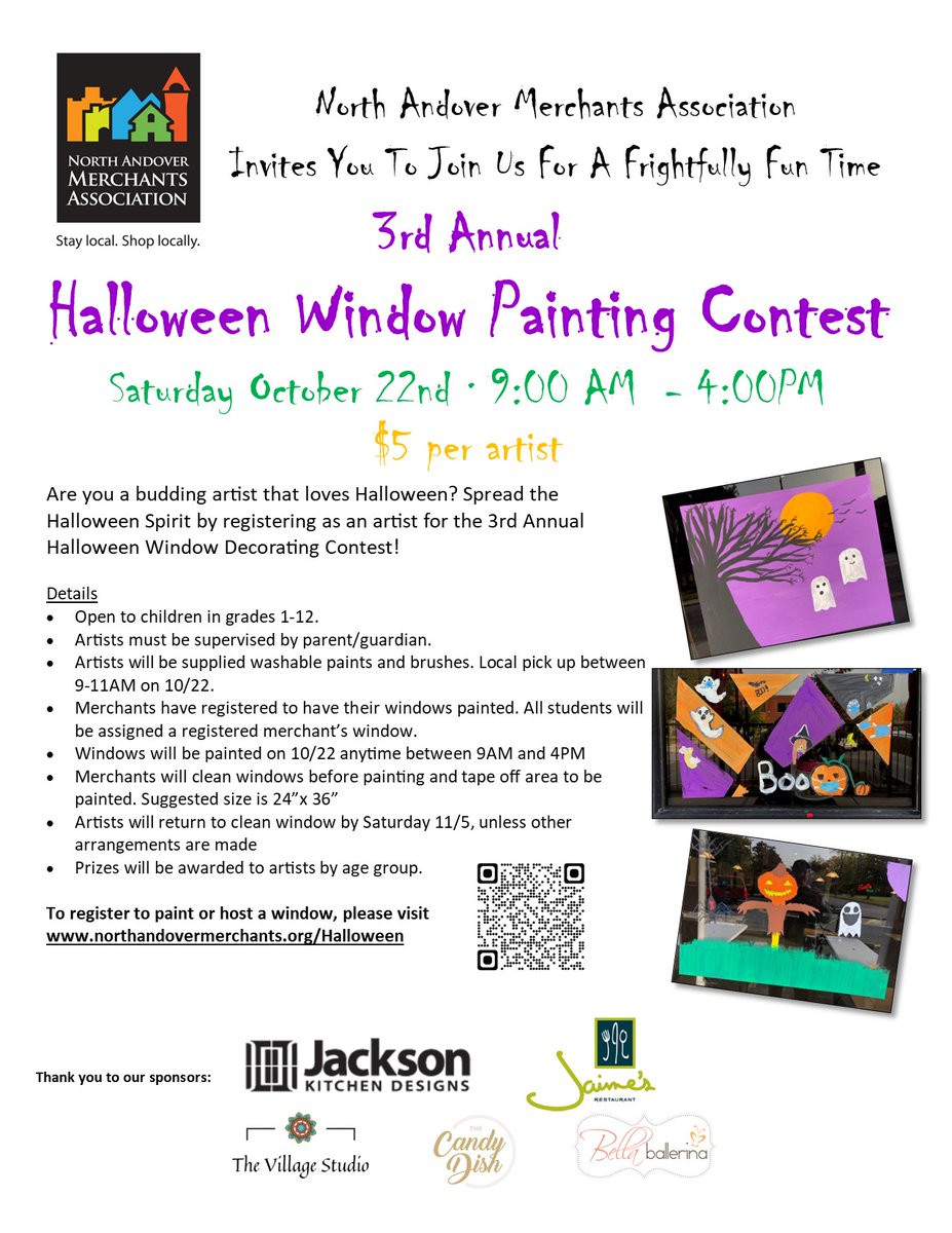 Are you a young artist that loves Halloween? Or a NA Merchants Assoc member that wants a window painted to celebrate Halloween? Spread the Halloween spirit by registering as an artist or a host for the 3rd Annual Halloween Window Decorating Contest! northandovermerchants.org/halloween