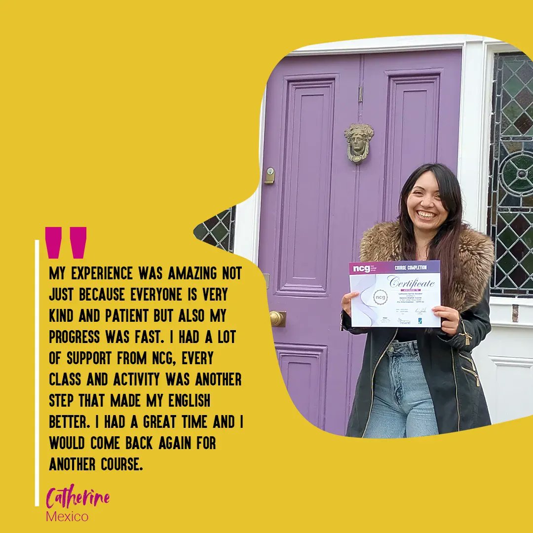 NewCollegeGroup's tweet photo. We recently received this brilliant testimonial from Catherine who graduated from New College Group Dublin! 😁

Invest in your future with NCG! Find out more here - https://t.co/0kaECzGGYB 

#newcollegegroup #learnenglish #languageschool #studenttestimonial #studyabroad https://t.co/gVWZ867kZn