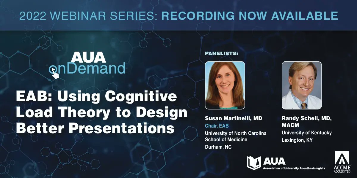 Did you miss 'Using Cognitive Load Theory to Design Better Presentations?' AUA's October Webinar—featuring Dr. Randy Schell & @DrSusieUNC—is available onDemand for AUA members. Visit: buff.ly/3DVZzzp @SShaefi