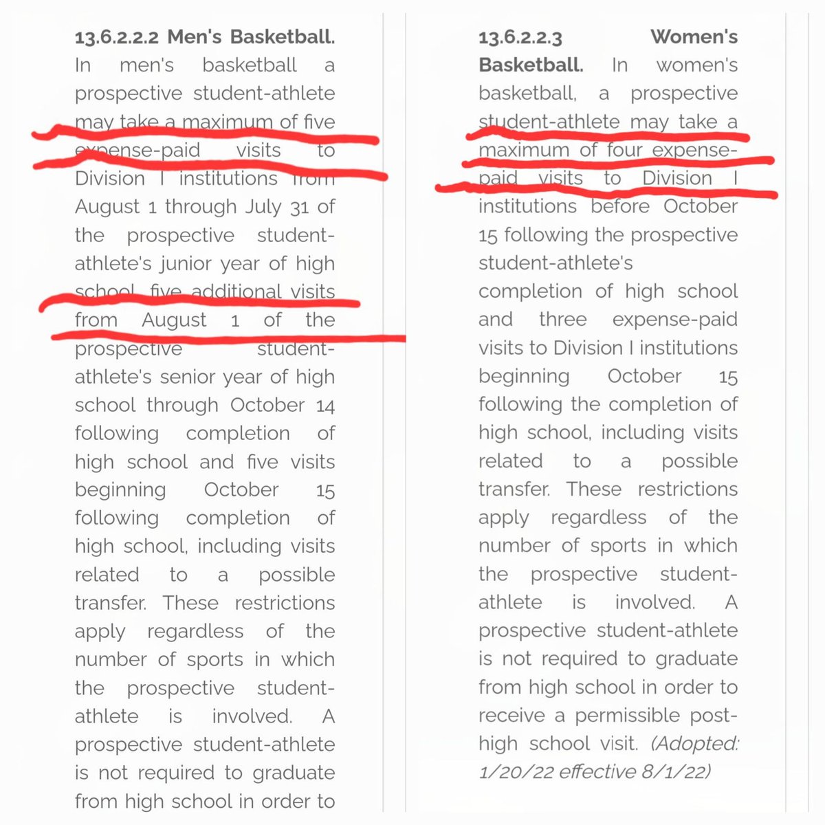 Only posting facts for anyone questioning whether men's basketball gets 10 official visits while girls only get 4. This came from the NCAA website hidden in the bylaws. Make this go viral a lot of people don't know this. Definitely needs to be changed.
web3.ncaa.org/lsdbi/search/b…